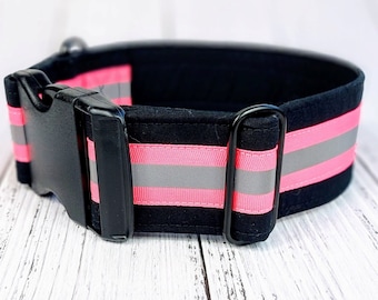 reflective dog collar black pink reflector stripe collar greyhound, safety martingale collar or buckle, whippet collar / safety pink