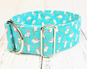 easter dog collar bunnies and carrots, cute limited slip martingale oder buckle collar, greyhound collar whippet / bunny cyan