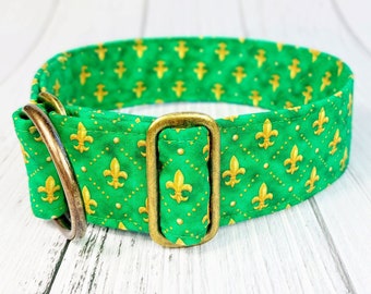 green dog collar martingale fleur de lille, limited slip collar whippet or buckle collar, greyhound collar  / french lily