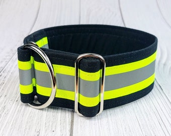 Collier pour chien noir avec bandes réfléchissantes, collier de lévrier réfléchissant, arrêt de traction ou boucle, demi-bande whippet / vert de sécurité