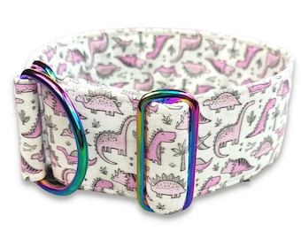 dinosaur dog collar purple dog collar, fabric limited slip martingale collar dino whippet collar  / dinosaur jr