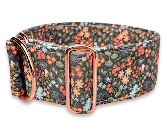 Hundehalsband geblümt in warmen Farben, Martingale Zugstopphalsband oder Steckschließe, Windhundhalsband, breites Halsband / asters
