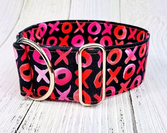 greyhound collar xoxo, fabric dog collar pink limited slip martingale collar or buckle, sighthound collar, whippet collar / XOXO