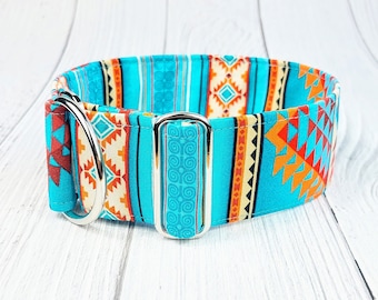 Hundehalsband mit Streifen türkis orange, aztec Martingale Zugstopphalsband od mit Steckschließe, Windhundhalsband, Whippet / Tucson stripes