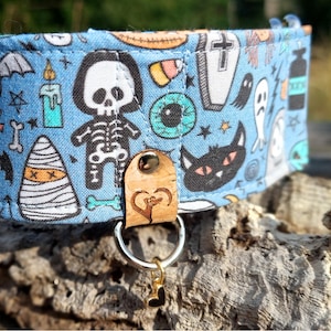 halloween dog collar, dog collar skulls, cute bats blue martingale dog collar, greyhound fabric collar / creepy friends image 6