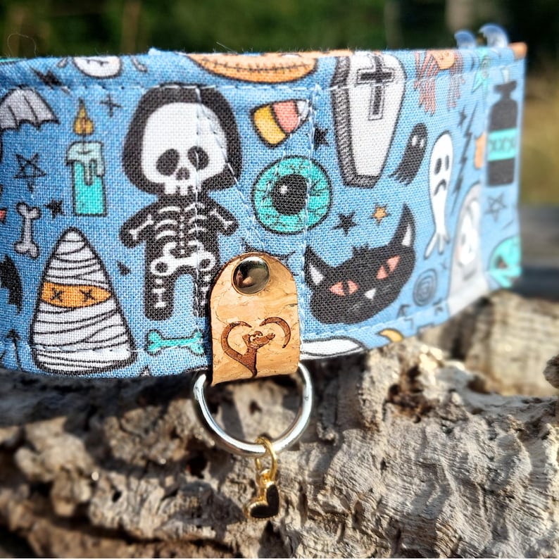 halloween dog collar, dog collar skulls, cute bats blue martingale dog collar, greyhound fabric collar / creepy friends image 6