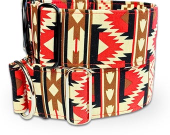 boy dog collar aztec, southwest martingale or buckle collar, red and black martingale greyhound collar / Tucson - red