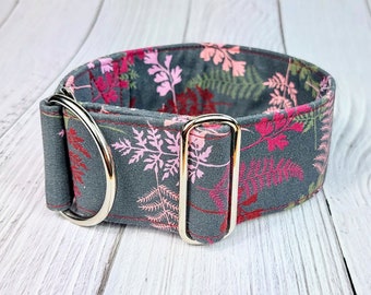 Collier pour chien gris violet floral, collier de lévrier comme arrêt de traction ou boucle, collier whippet paisley / fougère