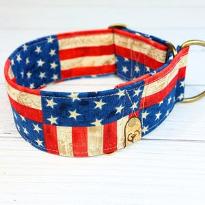 May include: A patriotic dog collar featuring the American flag design. The collar has a blue background with white stars and red and white stripes. It includes a brass-colored metal ring and a small wooden tag.