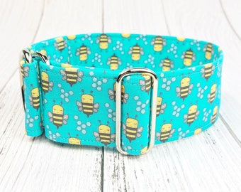 dog collar with bees, cute fabric greyhound collar, cyan martingale collar or buckle, bumblebee whippet collar / bee hive