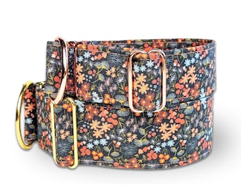 flower dog collar, brown orange fabric greyhound collar, floral martingale collar or buckle, whippet collar / asters