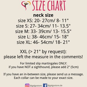 May include: Size chart for dog collars, showing neck sizes in inches and centimeters.  Sizes range from XS (8-11 inches) to XXL (over 21 inches).  The chart also includes instructions for measuring your dog's neck and notes that collars can be made to custom sizes.