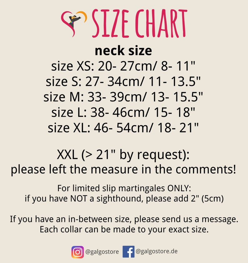 May include: Size chart for dog collars, showing neck sizes in inches and centimeters.  Sizes range from XS (8-11 inches) to XXL (over 21 inches).  The chart also includes instructions for measuring your dog's neck and notes that collars can be made to custom sizes.