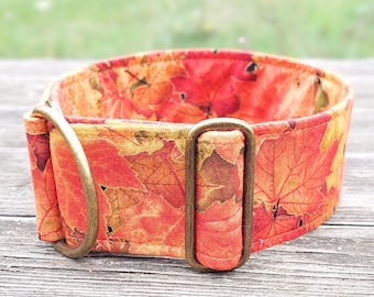 fall dog collar red and orange, autumn greyhound collar, limited slip martingale or buckle collar / Indian Summer
