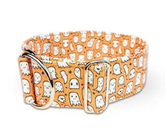 Halloween dog collar ghosts, orange fall dog collar, cute dog collar, fabric collar, martingale or buckle collar / Booo! orange