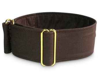 brown dog collar, plain boy greyhound collar, limited slip martingale or buckle collar, nickel or brass hardware / solid cocoa