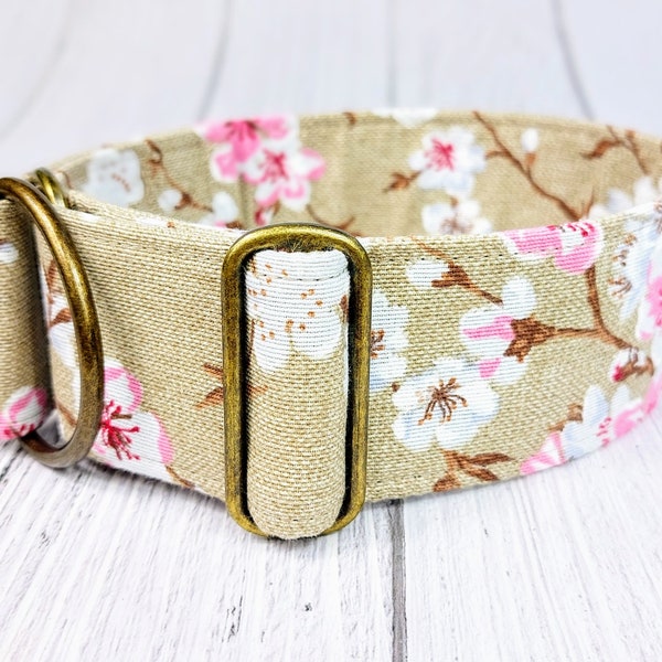 Hundehalsband mit Kirschblüten natur, florales Martingale Zugstopphalsband od Steckschließe, Windhundhalsband breit / cherry blossom