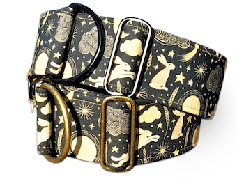 black dog collar with hares, Easter greyhound collar harvest moon martingale collar or buckle, whippet collar / Hare