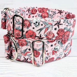pink dog collar with skulls and roses, fabric greyhound collar, tattoo martingale collar or buckle, whippet collar / rose tattoo pink
