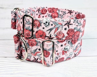 pink dog collar with skulls and roses, fabric greyhound collar, tattoo martingale collar or buckle, whippet collar / rose tattoo pink