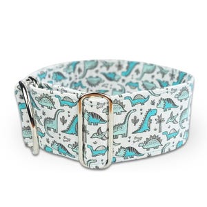 Turkos dinosauriehalsband för hundar, Martingale-stil, glidhalsband med klickstängning, Dino Whippet-halsband / Dinosaur Jr., Cyan