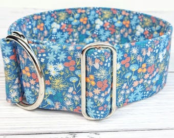 blue dog collar floral limited slip martingale oder buckle collar, dog collar girl greyhound, flowers collar whippet / asters blue