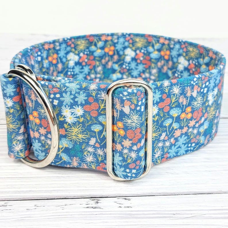 blue dog collar floral limited slip martingale oder buckle collar, dog collar girl greyhound, flowers collar whippet / asters blue image 1