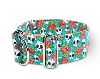 dog collar skulls roses martingale collar fabric halloween dog collar whippet / skulls & roses cyan