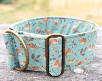 cyan dog collar with Robins, limited slip martingale oder buckle collar, greyhound collar whippet / Robin