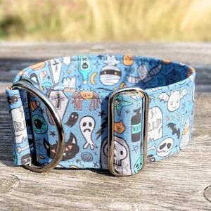 halloween dog collar, dog collar skulls, cute bats blue martingale dog collar, greyhound fabric collar / creepy friends image 1
