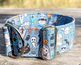 halloween dog collar, dog collar skulls, cute bats blue martingale dog collar, greyhound fabric collar / creepy friends