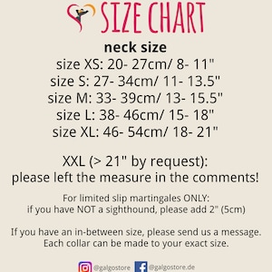 May include: A size chart for dog collars, with neck sizes ranging from XS (8-11 inches) to XL (18-21 inches). Includes instructions for measuring and ordering custom sizes, and social media handles.