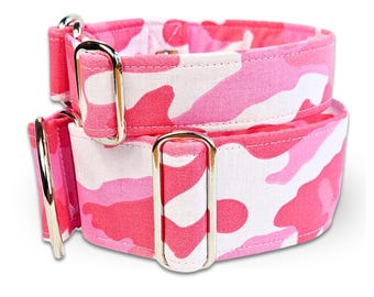 girl dog collar pink camouflage greyhound collar, military dog collar, limited slip martingale or buckle collar / pink camo