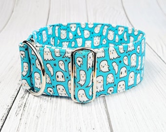 halloween dog collar, boy dog collar, spooky fabric collar, limited slip martingale or buckle collar, sighthound collar / "Booo!" cyan