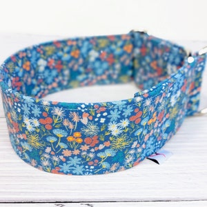 May include: A blue and white floral dog collar with a silver D-ring.