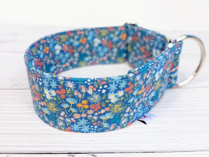 May include: A blue and white floral dog collar with a silver D-ring.