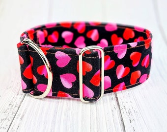dog collar with hearts, black fabric collar pink limited slip martingale collar or buckle, sighthound collar, whippet collar / pink hearts
