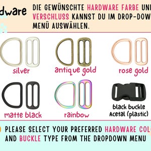 May include: A selection of metal hardware including D-rings and sliders in silver, antique gold, rose gold, matte black, and rainbow finishes, alongside a black plastic buckle. Text reads: Hardware. Please select your preferred hardware color and buckle type.