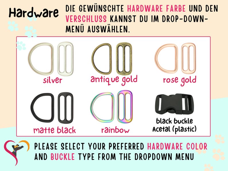May include: A selection of metal hardware including D-rings and sliders in silver, antique gold, rose gold, matte black, and rainbow finishes, alongside a black plastic buckle. Text reads: Hardware. Please select your preferred hardware color and buckle type.