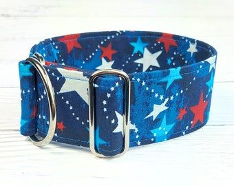 partiotic dog collar with stars, fabric greyhound collar, martingale collar or buckle, whippet collar / blue star