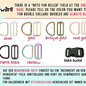 May include: Hardware options for collars, including silver, gold, antique gold, rose gold, matte black, rainbow, and a black buckle. The text reads "There is a "Note for Seller" field at the checkout page. Please tell us the color you want there. For buckle collars: Buckles are always black."