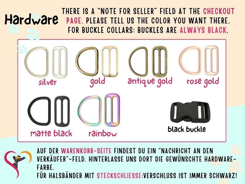 May include: Hardware options for collars, including silver, gold, antique gold, rose gold, matte black, rainbow, and a black buckle. The text reads "There is a "Note for Seller" field at the checkout page. Please tell us the color you want there. For buckle collars: Buckles are always black."