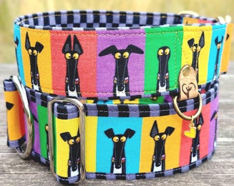 Richard Skipworth hundhalsband med färgglada motiv, martingalehalsband, stryphalsband eller klickspänne, greyhoundhalsband / semafor
