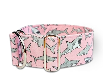 shark dog collar, pink fabric greyhound collar, maritim martingale collar or buckle, whippet collar / shark attack pink