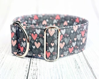 greyhound collar with hearts, fabric dog collar pink limited slip martingale collar or buckle, sighthound collar, whippet collar / hearts