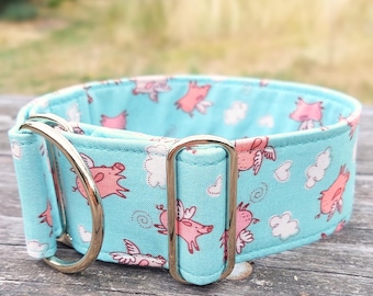 dog collar flying pigs, fabric greyhound collar, martingale collar or buckle, whippet collar