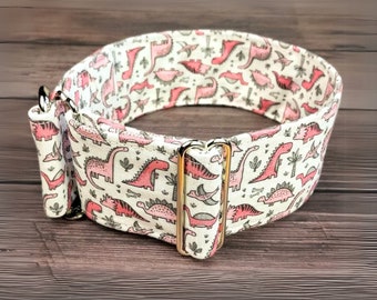 Hundehalsband Dinosaurier pink, T- Rex Martingale Zugstopphalsband od Klickverschluß; Windhundhalsband, Whippet Halsband / dinosaur jr.