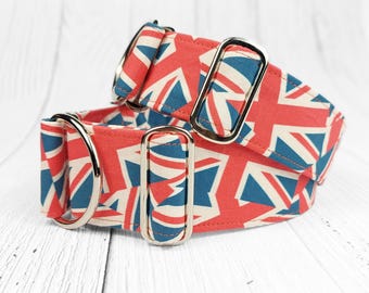 Union Jack dog collar, greyhound collar, UK Great Britain dog collar, limited slip martingale or buckle collar