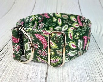 Collier de chien vert violet floral, collier de lévrier comme arrêt de traction ou boucle, collier whippet paisley / feuilles