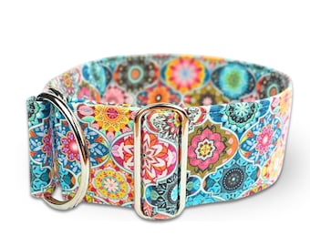 mosaic dog collar summer greyhound collar, fabric dog collar boho, limited slip martingale or buckle collar / Viva